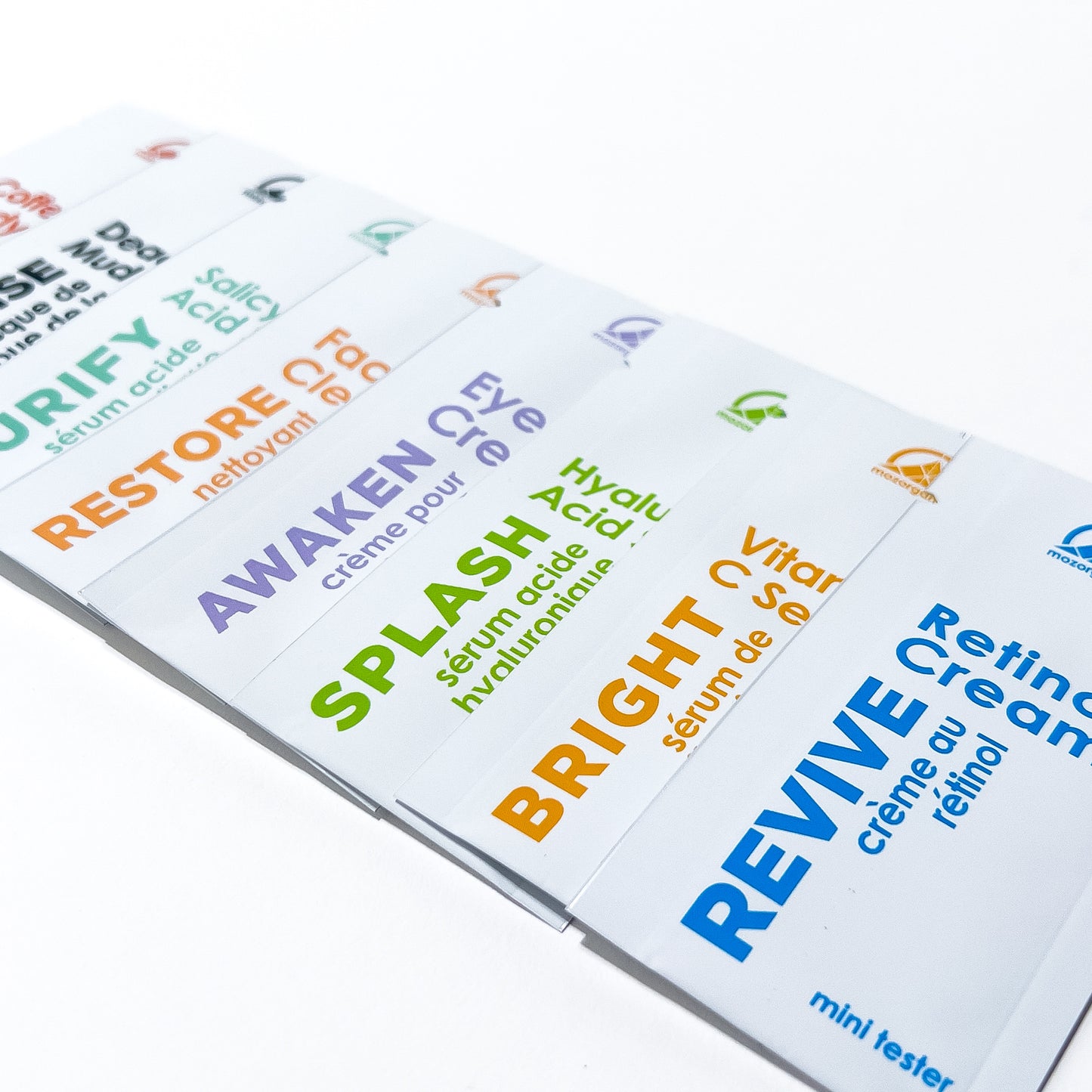 Mini skincare product sample pouches for first time use